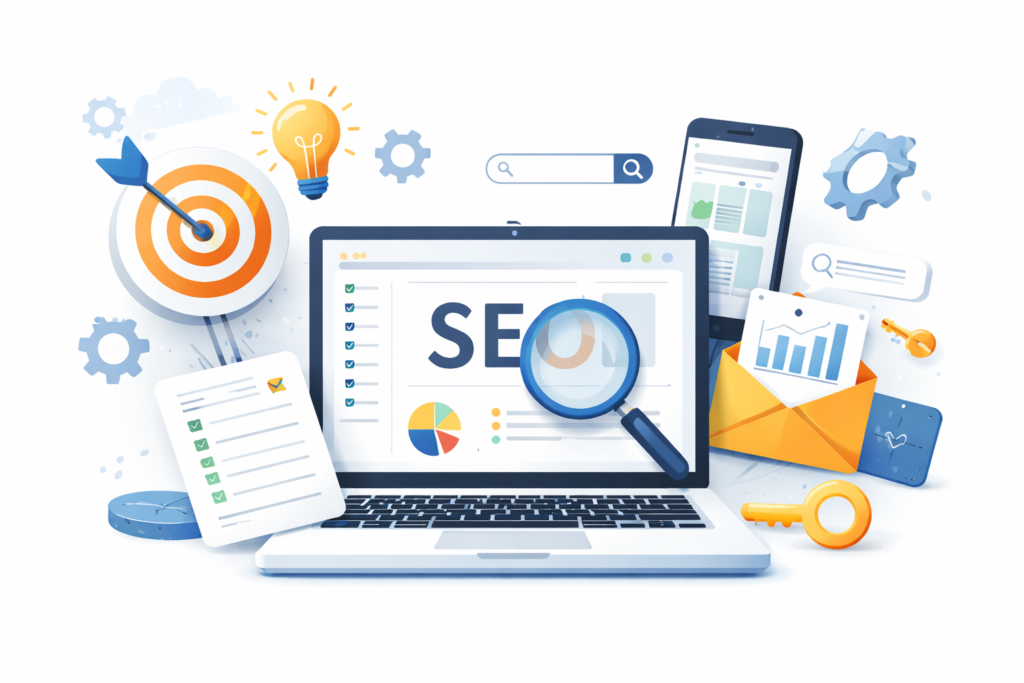 SEO checklist concept showing website optimization and search elements on a laptop