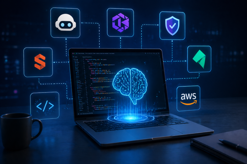 AI-powered coding environment with laptop displaying code, holographic neural network, and connected developer tools in a futuristic workspace