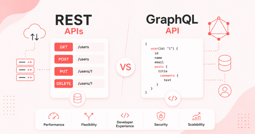 Comparison illustration of REST APIs and GraphQL API showing API structure, data fetching, scalability, security, and developer experience in modern web development.
